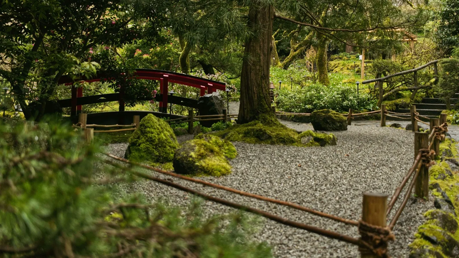 Jardín zen japonés con musgo, piedras y un puente rojo