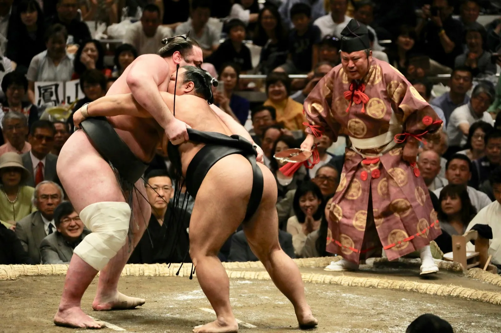 Dos luchadores de sumo en pleno combate, con el árbitro (gyōji) y el público de fondo